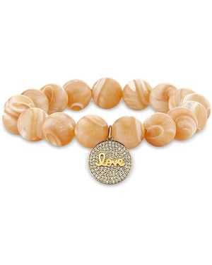 Sydney Evan 14K Tan Mother Of Pearl Bead & Diamond Pave Love Script Disc Dangle Stretch Bracelet - Natural