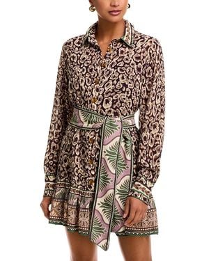 knee length dresses for ladies Farm Rio Baby Leopard Ruffle Long Sleeve Maxi Shirtdress in Baby Leopard Pink at Nordstrom, Size Small main image 1