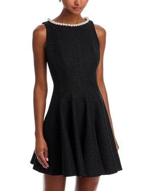 Aqua Faux Pearl Trim Tweed Sleeveless Mini Dress - Black