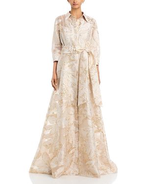 Teri Jon Metallic Burnout Jacquard Shirt Waist Gown - Natural