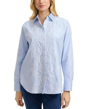 Foxcroft Meghan Long Sleeve Embroidered Cotton Shirt - Blue