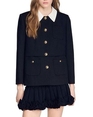 Sandro Contrast Collar Wool Jacket - Blue