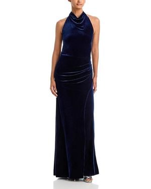 Aqua Drape Halter Ruched Back Velvet Gown - Blue