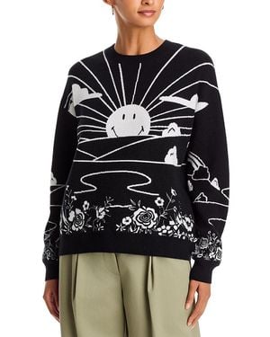Aqua Smiley Sunset Landscape Crewneck Sweater- Exclusive - Blue