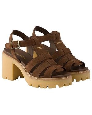 Prada High-Heeled Suede Platform Sandals - Brown