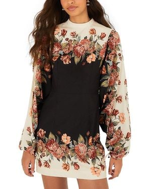 FARM Rio Blouson Sleeve Mock Neck Mini Dress - Black