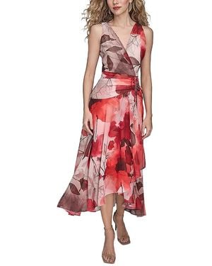 Donna Karan Faux Wrap Floral A-line Midi Dress - Red