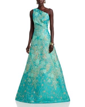Teri Jon One Shoulder Metallic Jacquard Gown - Green