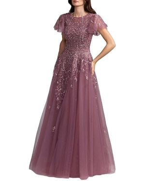Mac Duggal Embroidered Tulle Flutter Sleeve Ball Gown - Purple