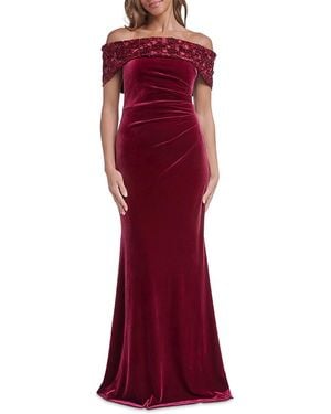 Eliza J Off-The-Shoulder Side Pleat Velvet Gown - Red