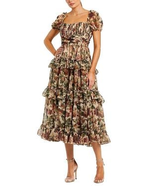 Mac Duggal Chiffon Puff Sleeve A Line Midi Dress With Ruffles - Natural