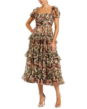 Mac Duggal Chiffon Puff Sleeve A Line Midi Dress With Ruffles - Natural