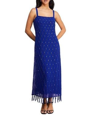 Warehouse Hand Embellished Fringe Hem Midi Dress - Blue