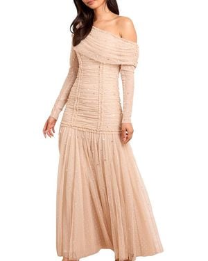 Needle & Thread Gigi Dot One-Shoulder Ruched Gown - Natural