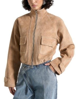 Manière De Voir Nawel Suede Contrast Stitch Jacket With Cinched Hem - Blue
