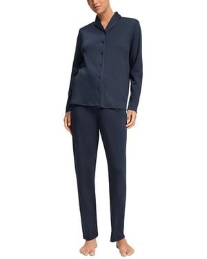 Hanro Silk Trim Long Sleeve Shirt & Pants Pajama Set - Blue