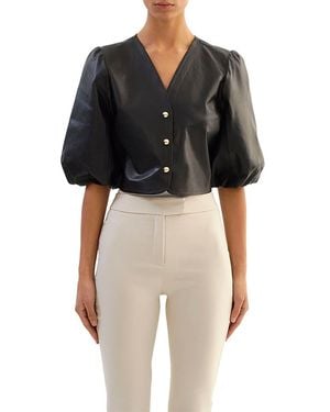 Lamarque Franka Leather Balloon Sleeve Blouse - Black