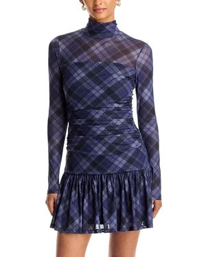 Aqua Plaid Mesh Gathered Mini Dress - Blue