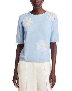 Sioni Floral Embroidered Short Sleeve Sweater - Blue