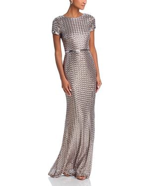 Aqua Belted Sequin Gown - Metallic