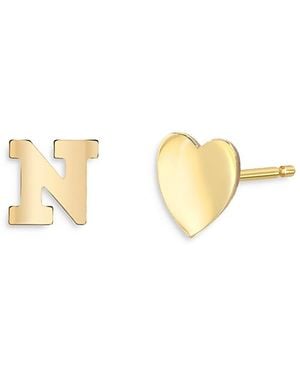 Zoe Lev 14K Heart & Initial Stud Earrings - White