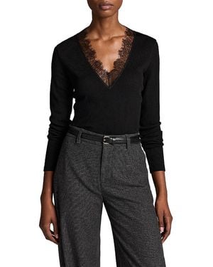 Vince Lace Trim Long Sleeve V Neck Top - Black