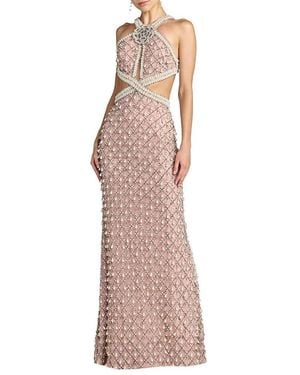 Mac Duggal Sleeveless Halter Cutout Pearl Embellished Gown - Multicolor