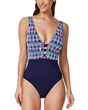 Gottex Retro Riviera Deep V Neck Halter One Piece Swimsuit - Blue