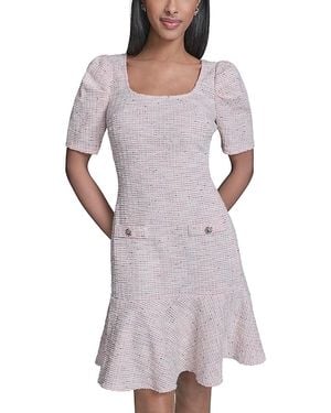 KARL LAGERFELD Square Neck Knit Tweed Puff Sleeve Flounce Hem Dress - Purple