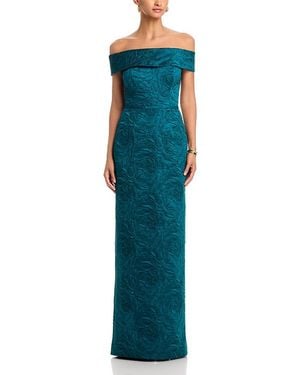 Teri Jon Jacquard Off-The-Shoulder Gown - Blue