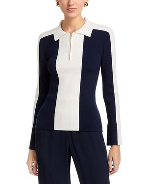 Tahari Long Bell Sleeved Color Blocked Collared Half Zip Sweater - Blue