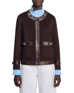 Sandro Greenwich Wool Blend Leather Trim Jacket - Brown