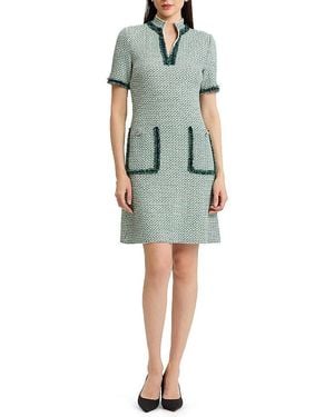 Ming Wang Plus Fringe Trim Basketweave Jacquard Knit Sheath Dress - Green