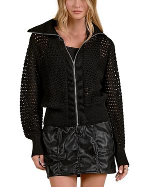 Elan Cotton Zip Front Knit Cardigan - Black