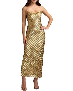 Mac Duggal Paillette Mesh Spaghetti Strap Column Ankle Dress - Metallic