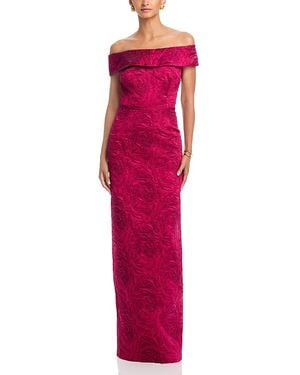 Teri Jon Jacquard Off-The-Shoulder Gown - Pink