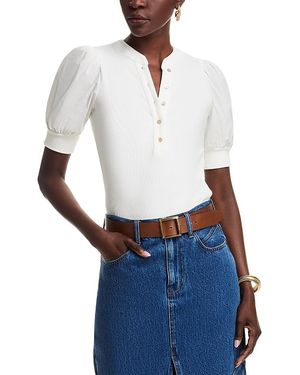 SINGLE THREAD Puff Sleeve Henley Top - White