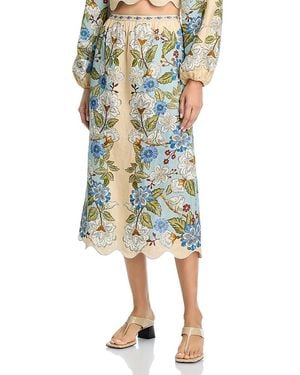 FARM Rio Garden Scarf Print Linen Midi Skirt - Green