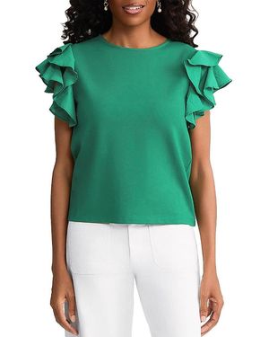 Ming Wang Flutter Sleeve Mixed-Media Top - Green