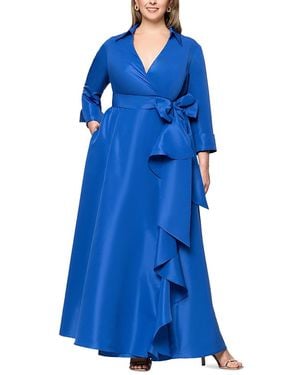 Betsy & Adam Plus Belted Ruffle Front Ball Gown - Blue