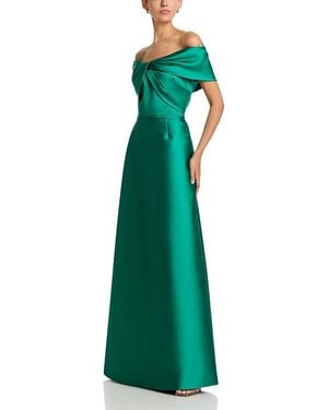 Teri Jon Stretch Mikado Off Shoulder Twist Front Gown - Green