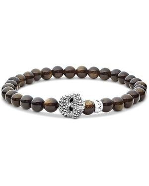 Lagos Sterling Anthem Obsidian Bead Skull Stretch Bracelet - Multicolor