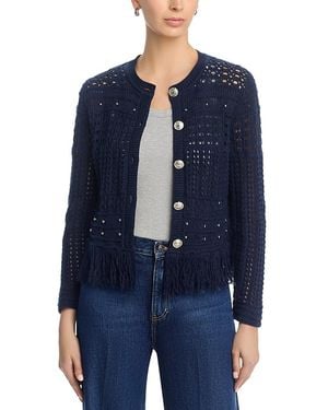 MILLY Beaded Fringe Crewneck Cardigan - Blue