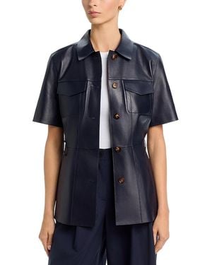 Lafayette 148 New York Leather Belted Patch Pocket Jacket - Blue