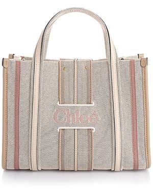 Chloé Woody Loop Small Striped Canvas Crossbody Tote - Natural