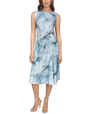 Donna Karan Printed Side Drape Midi Dress - Blue