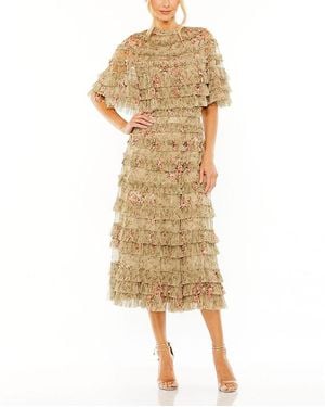 Mac Duggal Floral Mesh Ruffle Midi Dress - Natural