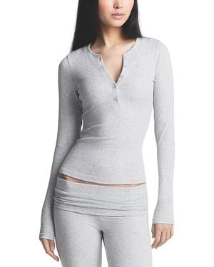 Skims Ribbed Cotton Blend Henley Top - Gray