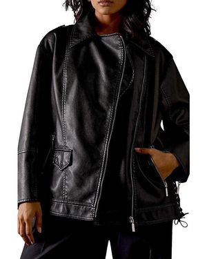 Warehouse Oversized Whipstitch Leather Look Jacket - Black