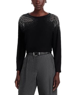Tahari Long Sleeve Jersey, Beaded And Lace Inset Sweater - Black